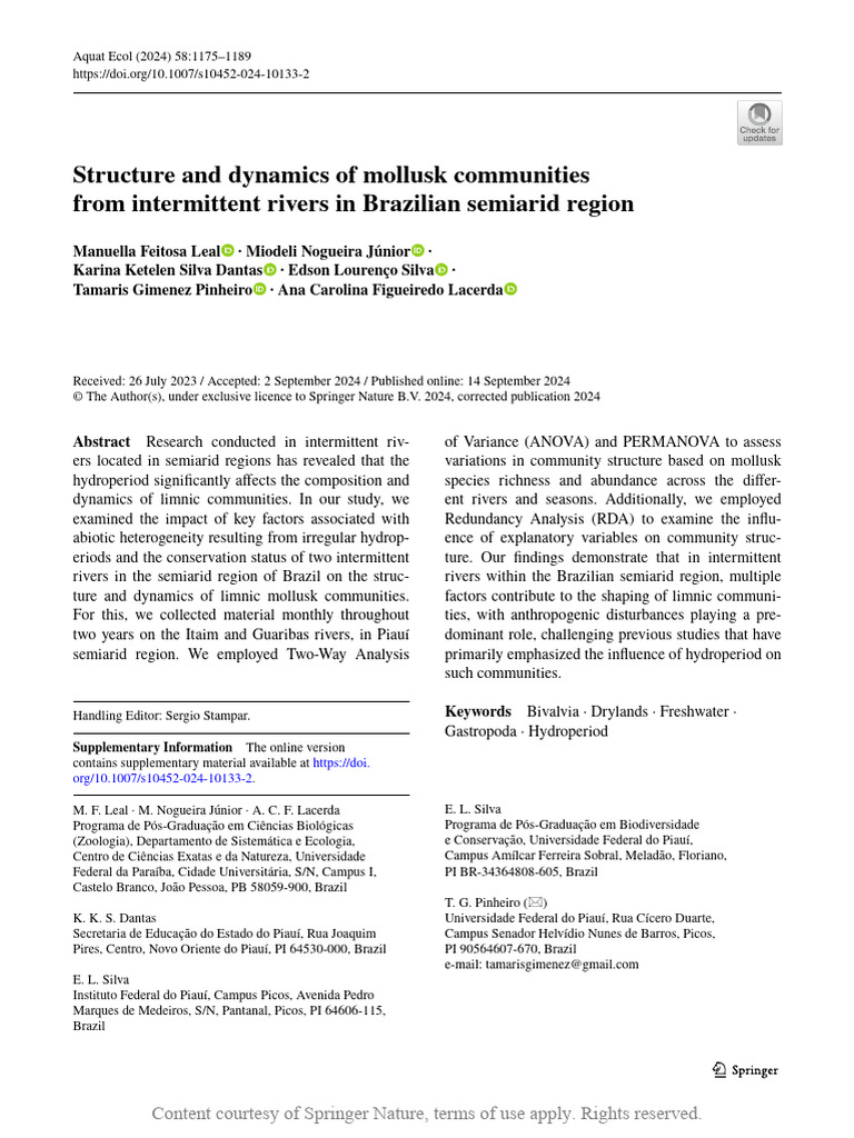 Mollusk Community Dynamics in Brazil | PDF | Analysis Of Variance | River