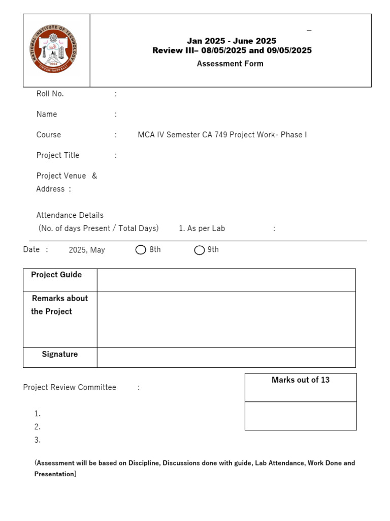 MCA IV Semester Project Assessment Form | PDF