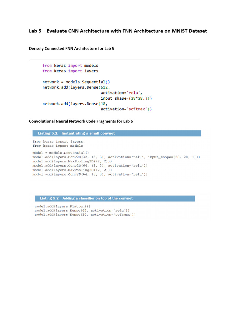 Lab 5 Evaluating FNN and CNN - Code Fragments | PDF