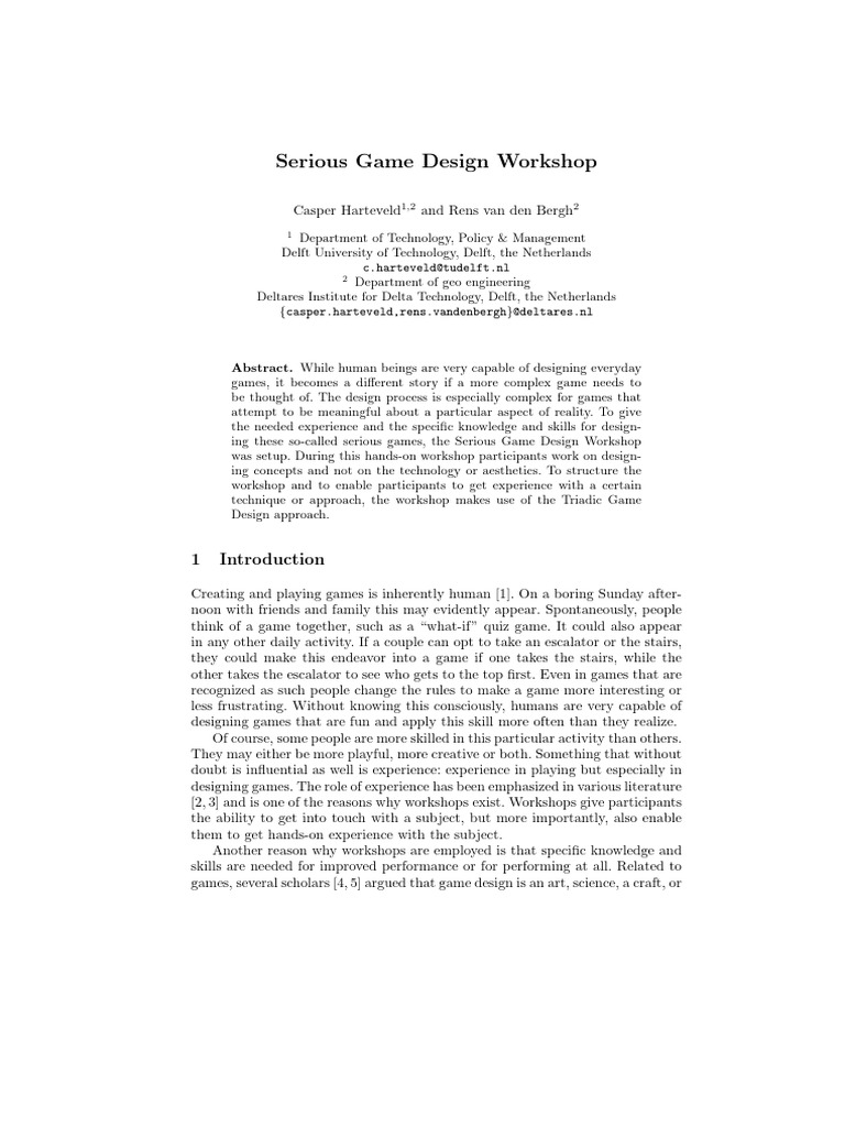 Serious Game Design Workshop Overview | PDF | Experience | Design