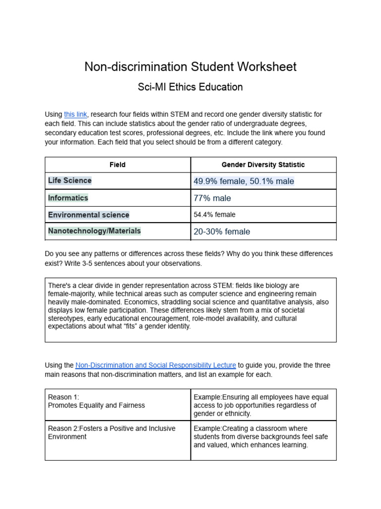 Non-Discrimination Student Worksheet | PDF | Discrimination | Gender
