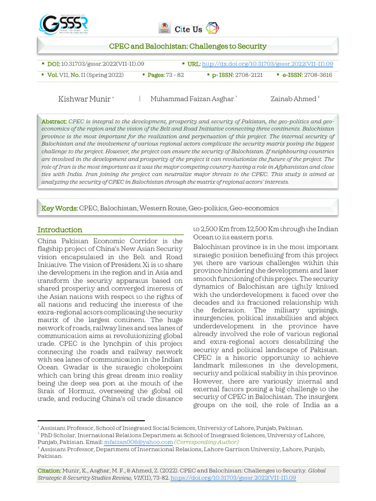 CPEC and Balochistan Challenges To Security | PDF | Pakistan | Afghanistan