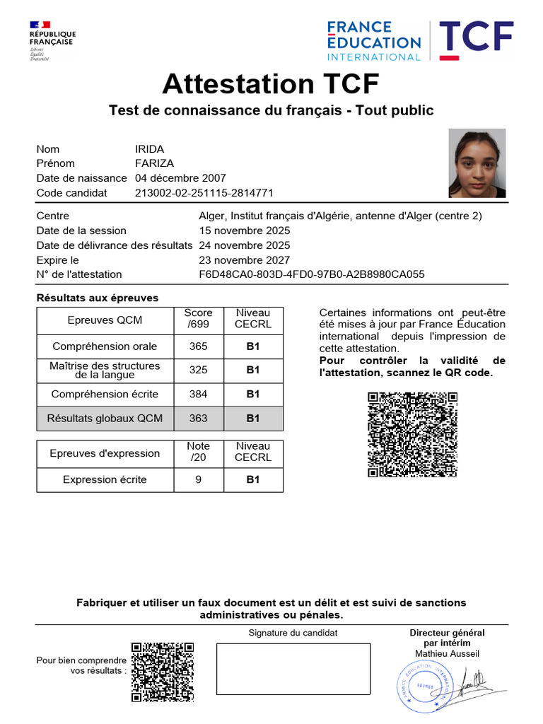Attestation TCF de Fariza Irida | PDF