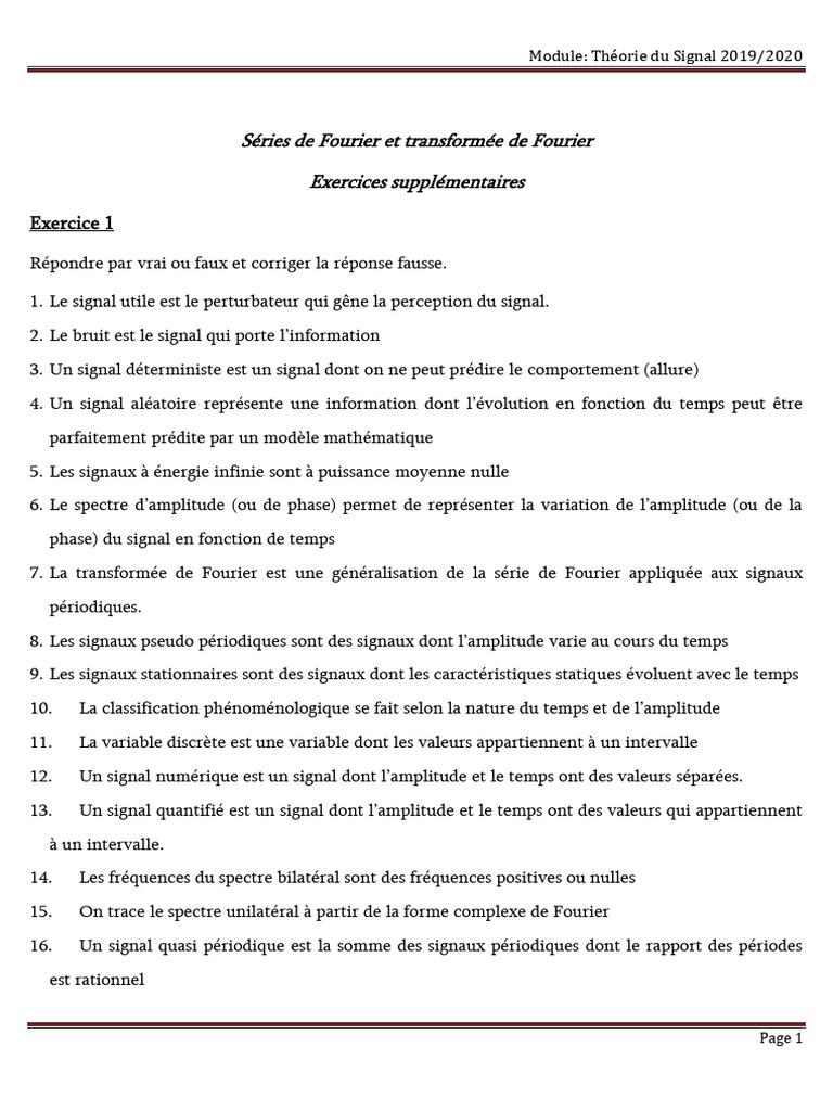 Exercices de Théorie du Signal 2019-2020 | PDF | Transformation de ...