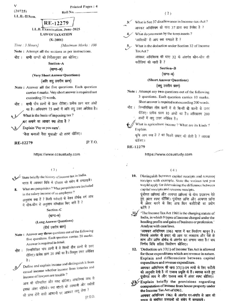 Llb 2 Sem Law of Taxation Re 12279 Jun 2025 | PDF