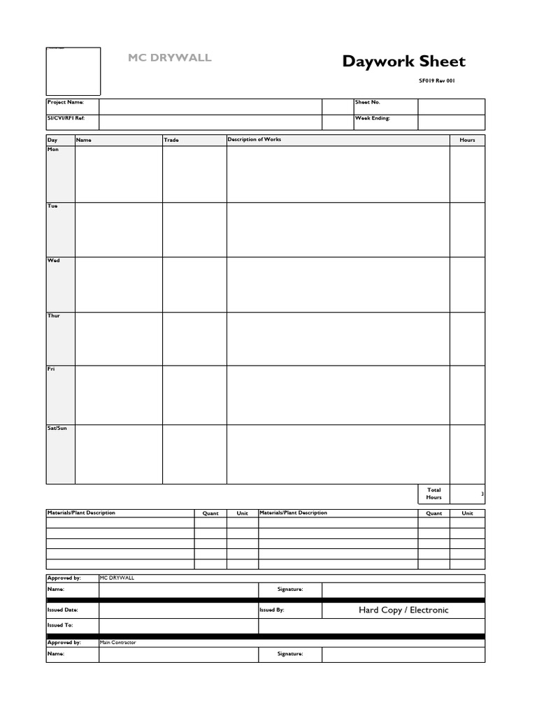 MC Drywall Daywork Sheet Template | PDF
