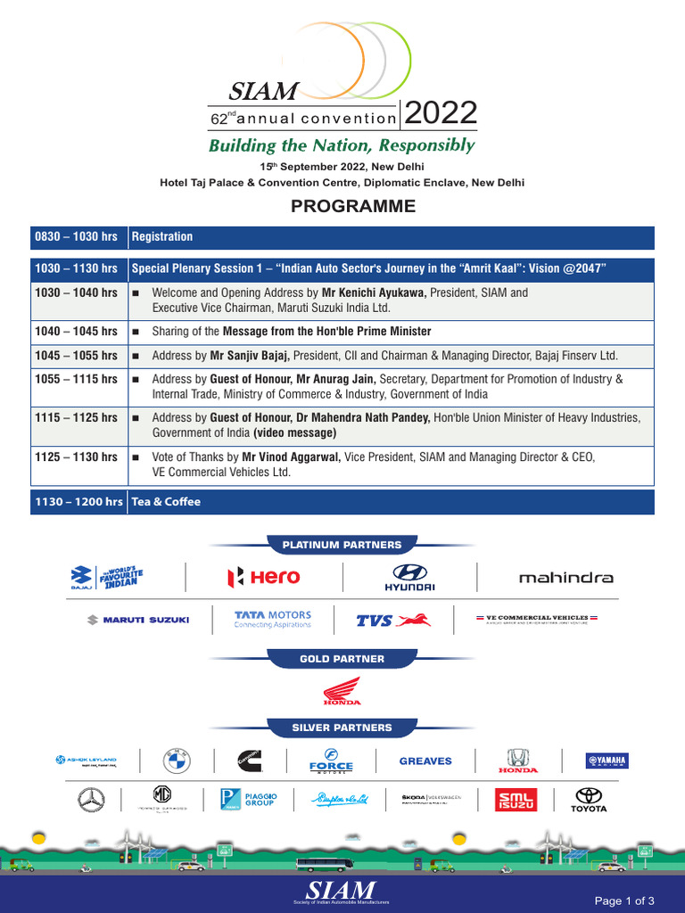 SIAM Annual Convention 2022 Agenda | PDF | Economy Of India