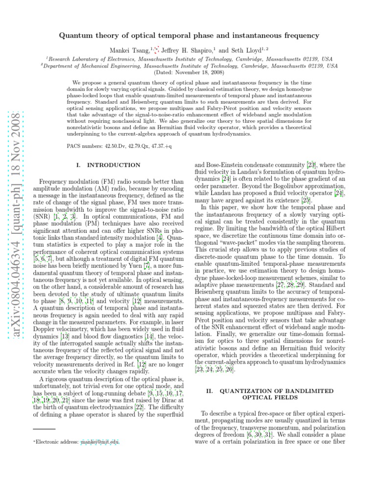 Quantum Theory of Optical Temporal Phase and Instantaneous Frequency ...