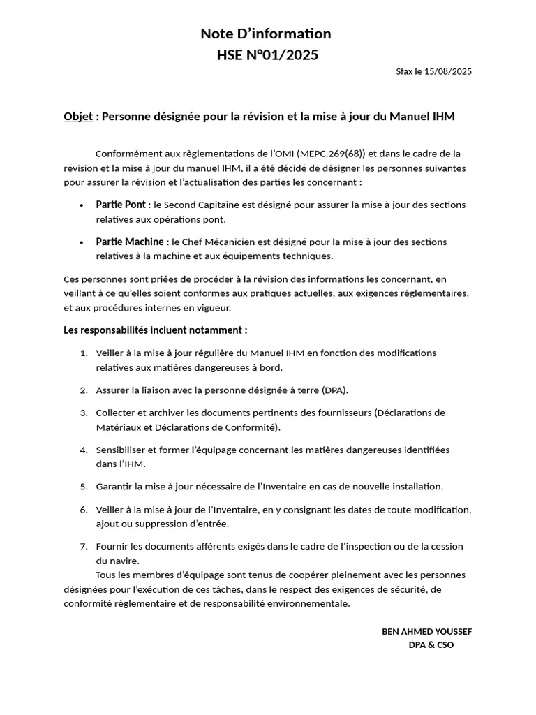 Révision du Manuel IHM : Désignation des Responsables | PDF
