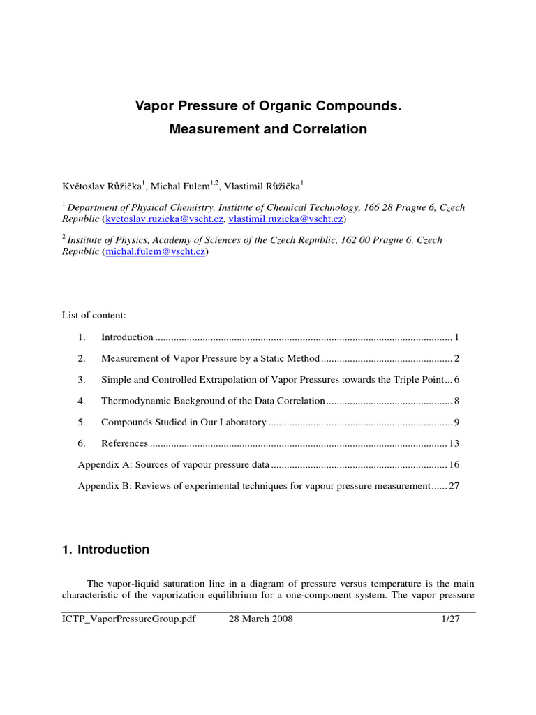 Vapor Pressure of Organic Compounds Meas | PDF | Pressure | Temperature