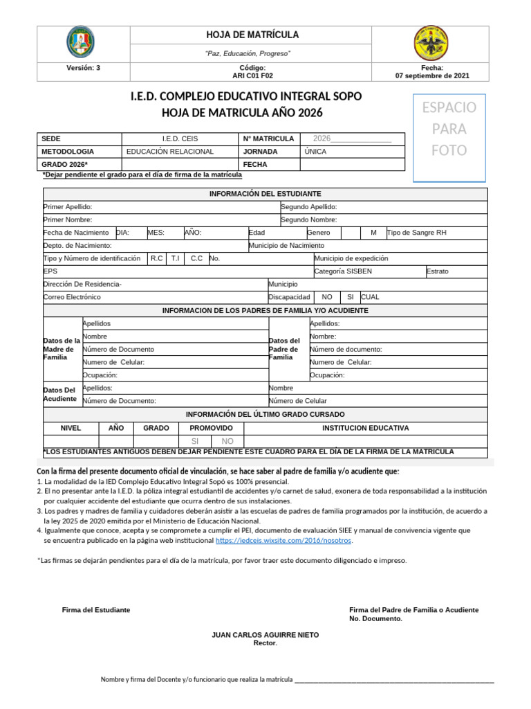Hoja de Matrícula 2026 I.E.D. CEIS | PDF