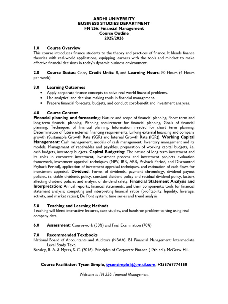 Financial Management Course Outline | PDF | Capital Budgeting | Business