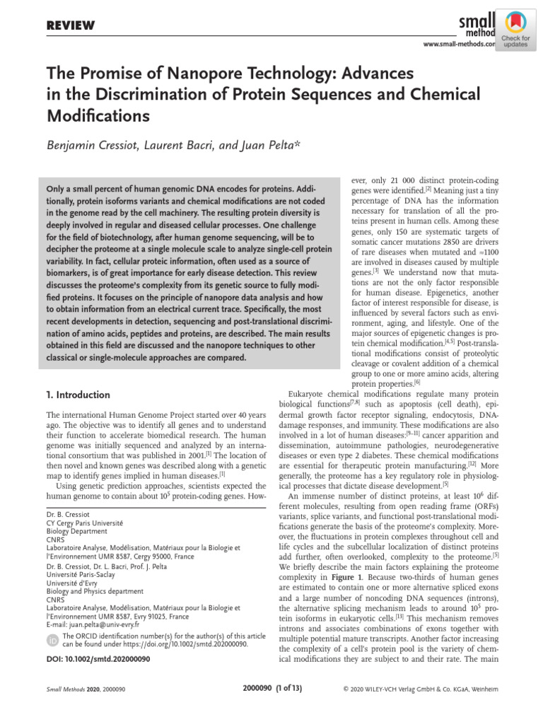 Nanopore Technology in Protein Analysis | PDF | Proteins | Gene