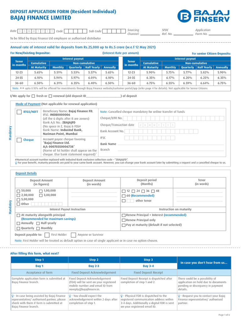 Bajaj Finance Resident Individual Deposit Form | PDF | Cheque | Banking
