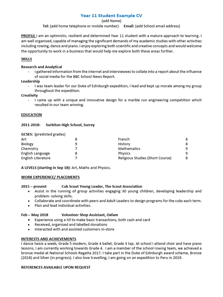 Year 11 Student CV Example | PDF