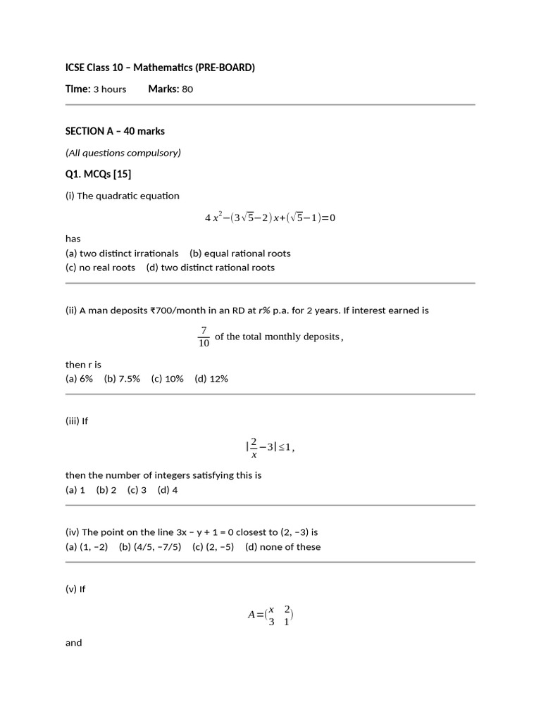 ICSE Class 10 Math Pre-Board Exam Guide | PDF | Square Root ...