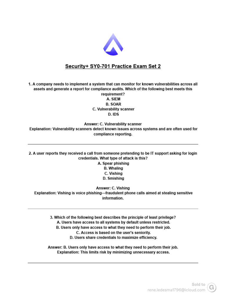 Security+ SY0-701 Practice Exam Set 2 | PDF | Malware | Security