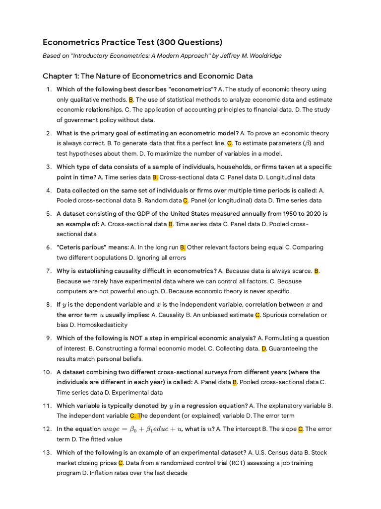 Econometrics Practice Test: 300 Questions | PDF | Errors And Residuals ...