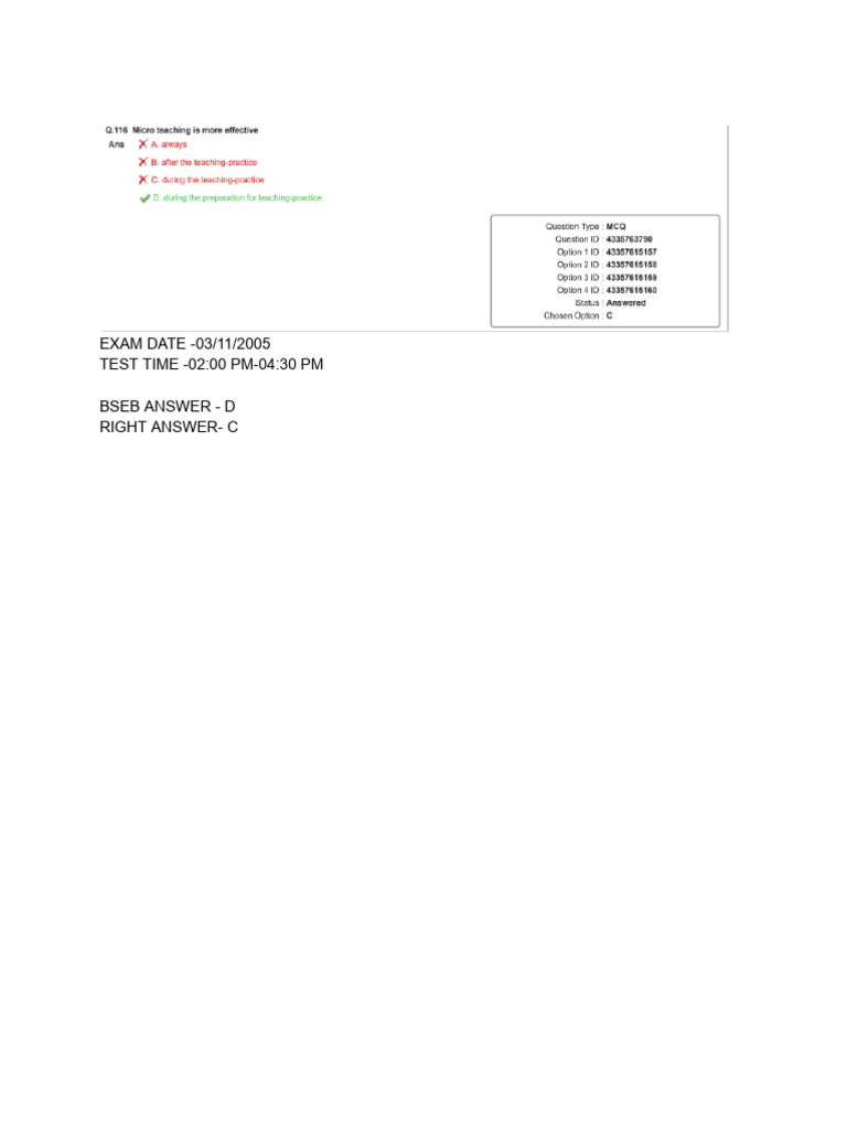 EXAM DATE - 03/11/2005 TEST TIME - 02:00 PM-04:30 PM Bseb Answer - D ...