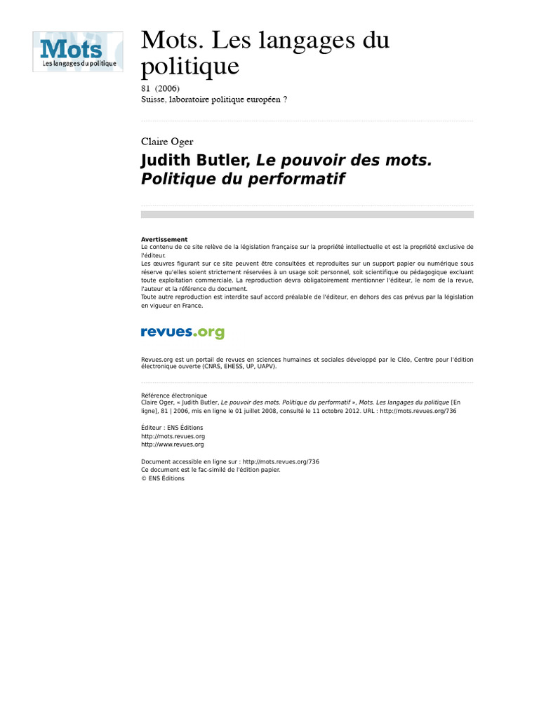 Judith Butler : Pouvoir des mots et politique | PDF | Homosexualité ...
