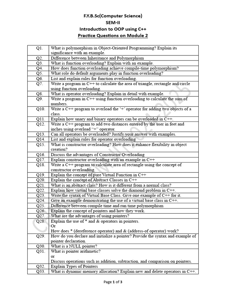 C++ OOP Practice Questions for SEM-II | PDF | Pointer (Computer ...