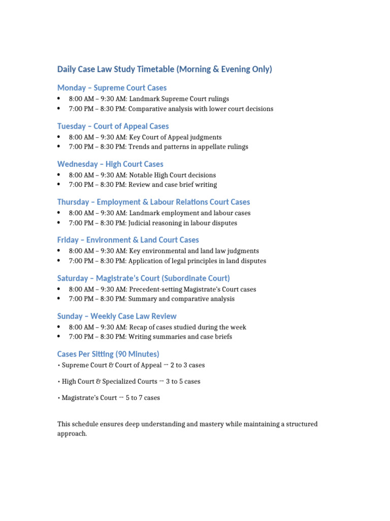 Daily Case Law Study Schedule | PDF