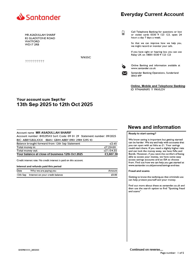 Santander Current Account Statement Summary | PDF | Overdraft | Payments