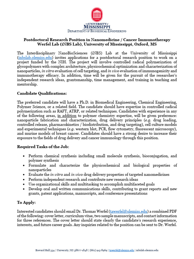 Postdoctoral Position in Nanomedicine | PDF | Nanomedicine | Life Sciences