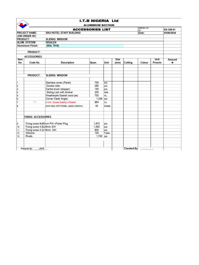 Eko Hotel Staff Building Materials List | PDF