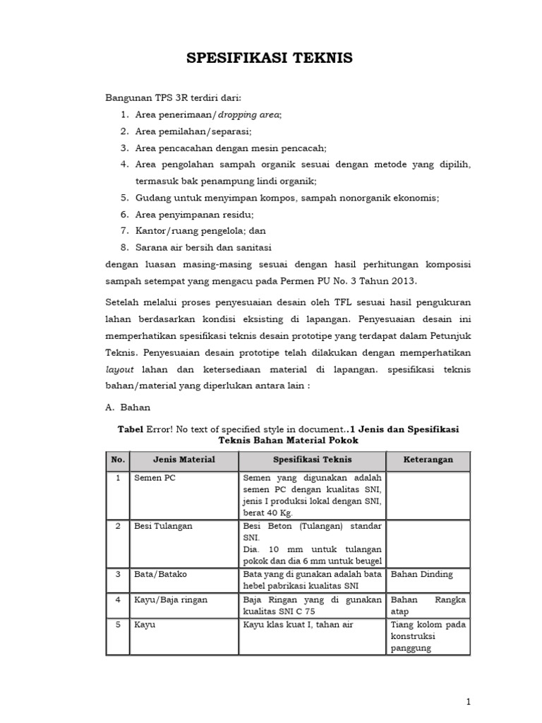 Spesifikasi Teknis Bangunan TPS 3R | PDF