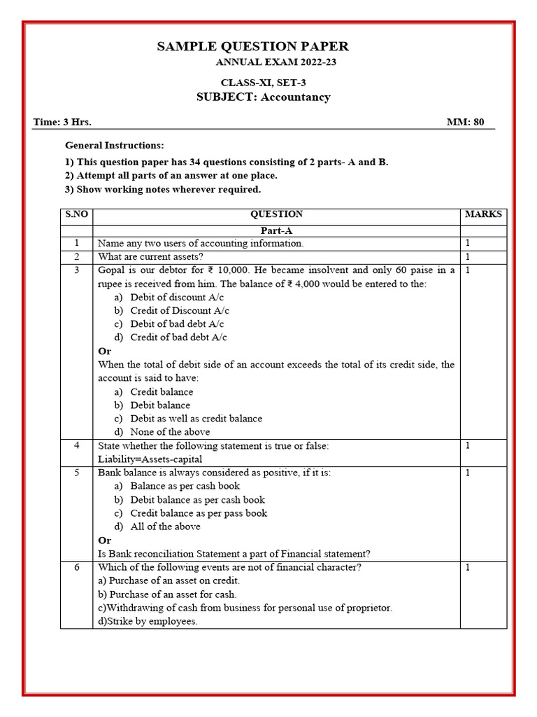 Class XI Accountancy Sample Paper 2022-23 | PDF | Expense | Debits And ...