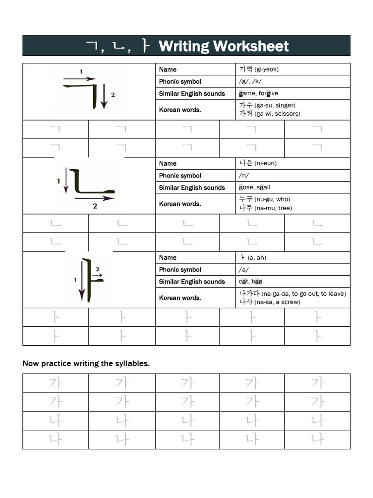 1.+Consonant+1+(ㄱ,+ㄴ)+Writing+Sheet | PDF