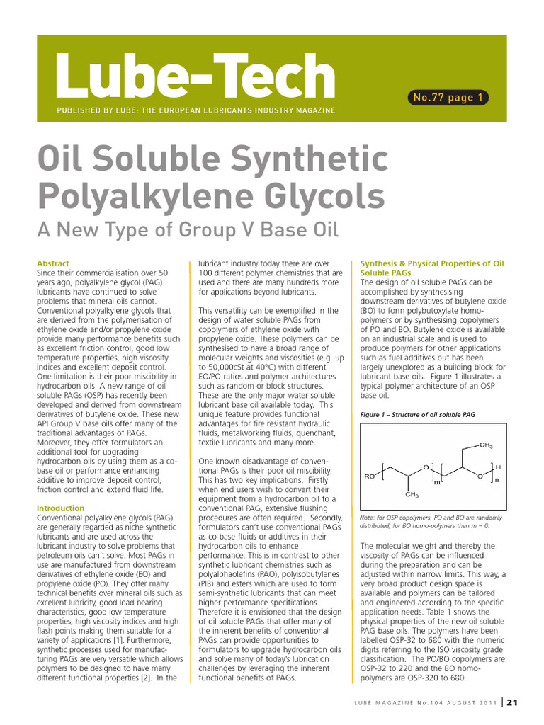 Oil Soluble PAGs: Advancements in Lubricants | PDF | Lubricant | Polymers