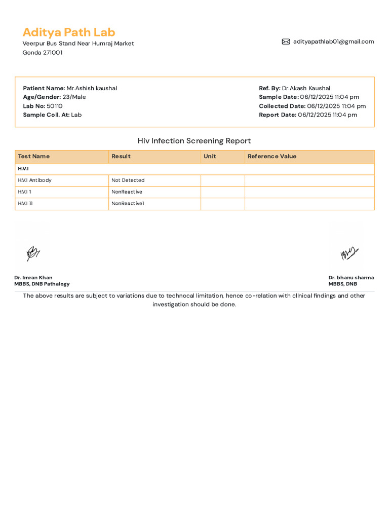 HIV Infection Screening Report for Mr. Kaushal | PDF