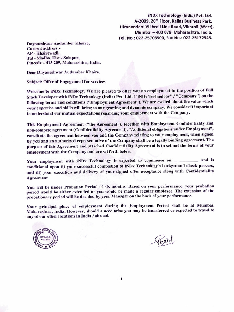 Dnyaneshwar Audumber Khaire Appt Letter | PDF | Employee Benefits | Salary