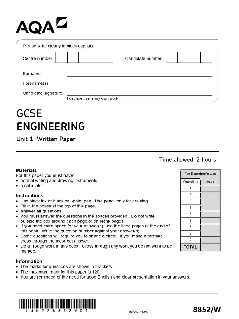 GCSE Engineering Exam Paper June 2022 | PDF | Gear | Analog To Digital ...
