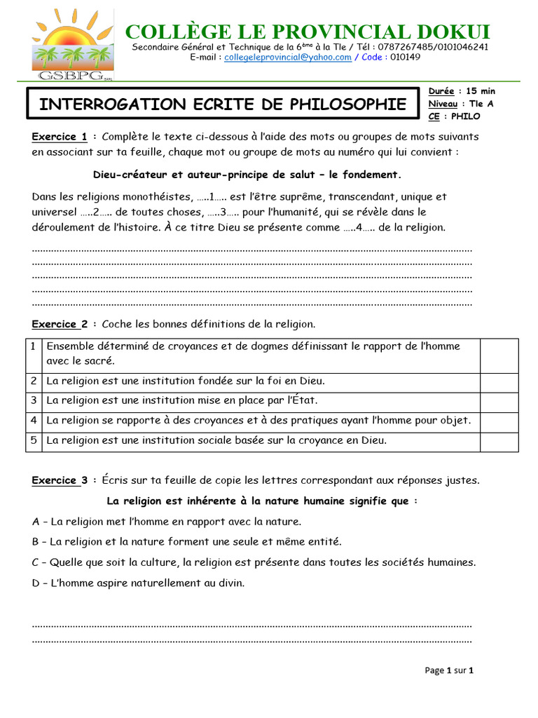 Exercice de philosophie sur la religion | PDF | Dieu | Doctrines et ...