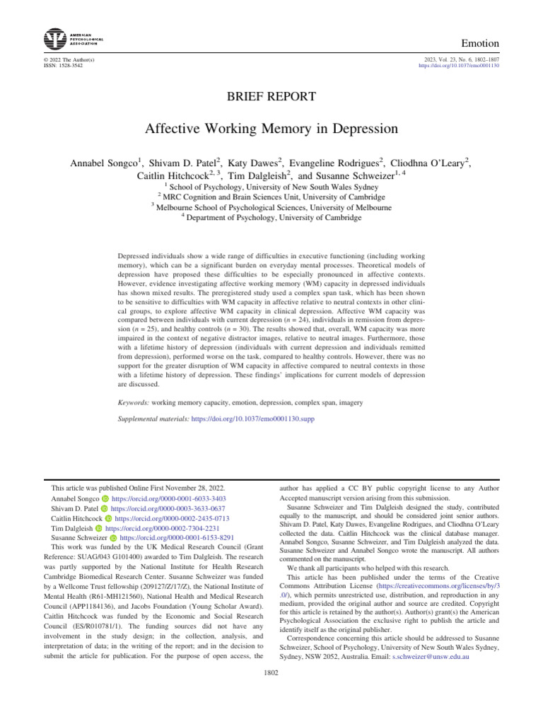 Affective Working Memory in Depression 2023 | PDF | Affect (Psychology ...