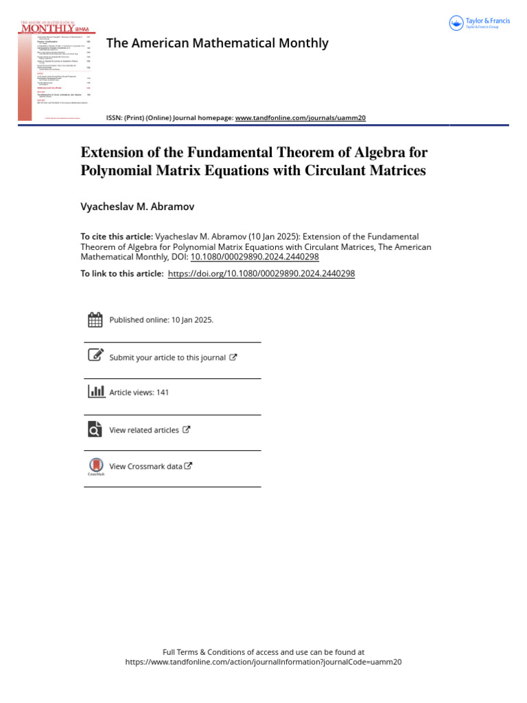 Polynomial Matrix Equations and FTA | PDF | Matrix (Mathematics ...