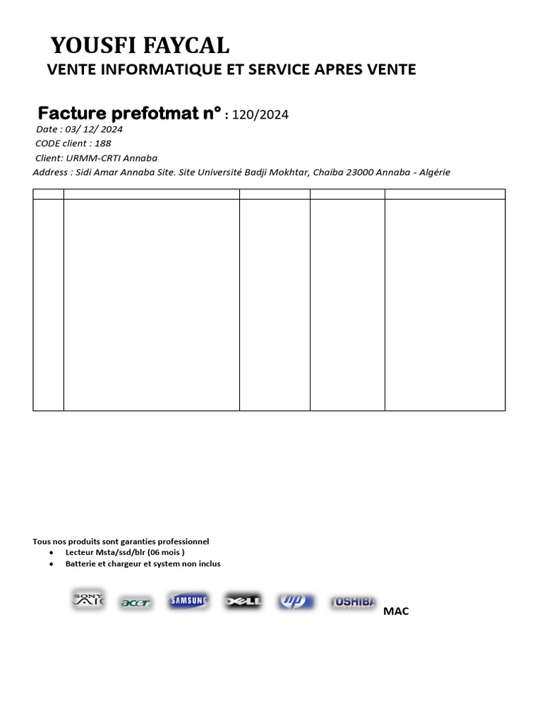 Facture Vente Informatique URMM-CRTI | PDF