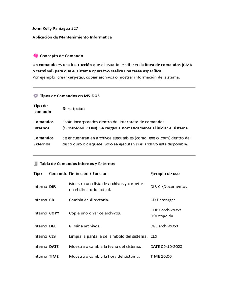Comandos MS-DOS: Internos y Externos | PDF | Archivo de computadora ...