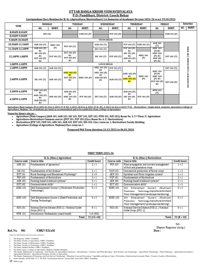 UBKV B.Sc. Agriculture Class Routine 2025 | PDF | Agriculture | Botany