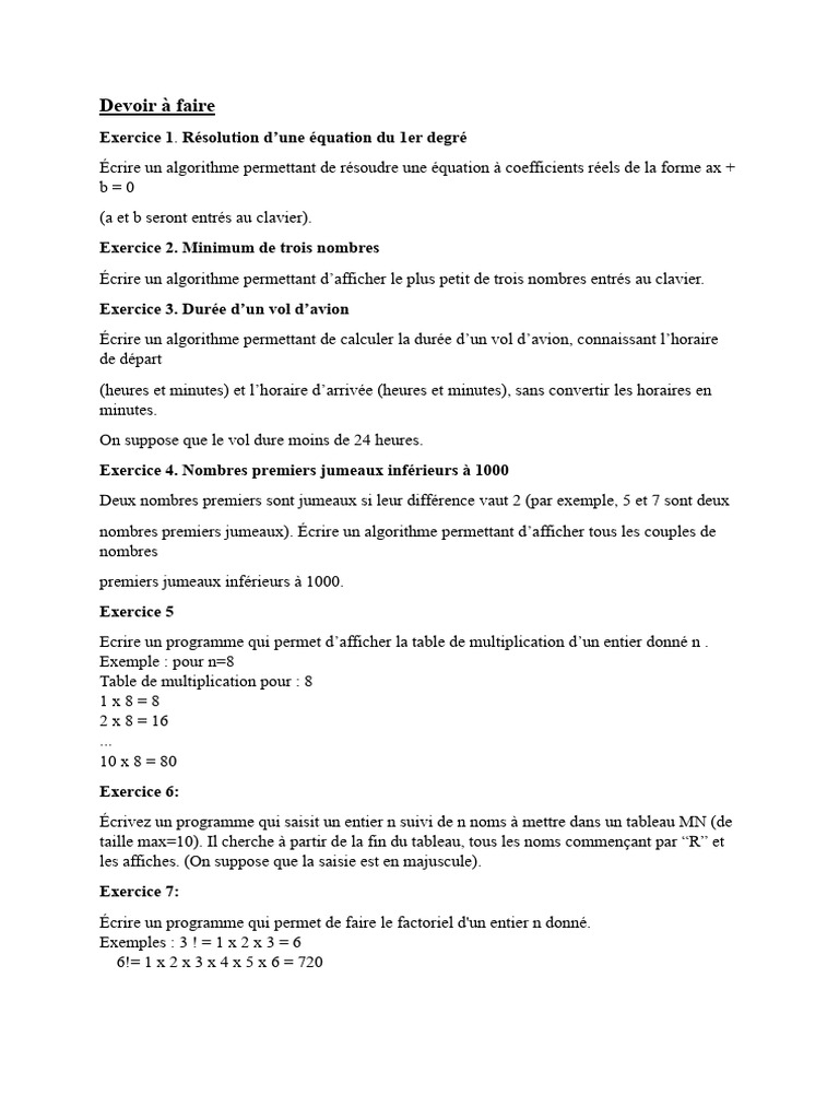 Algorithmes pour exercices mathématiques | PDF