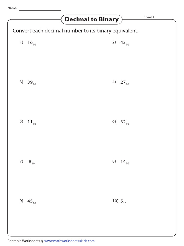 Decimal to Binary Conversion Worksheet | PDF