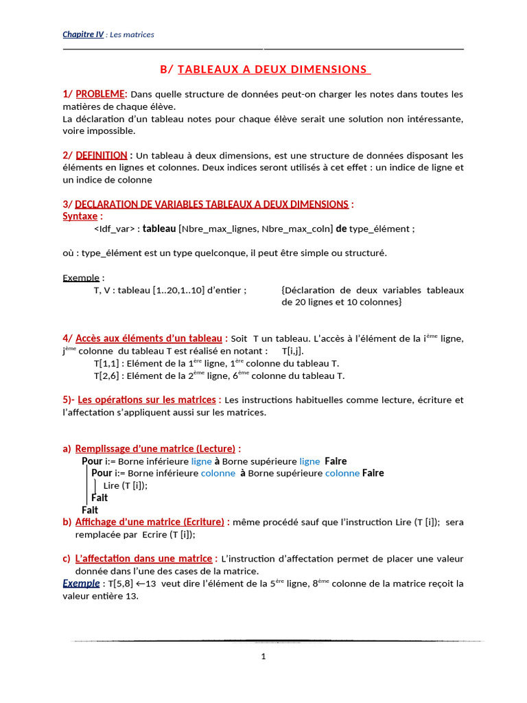 Introduction aux tableaux à deux dimensions | PDF