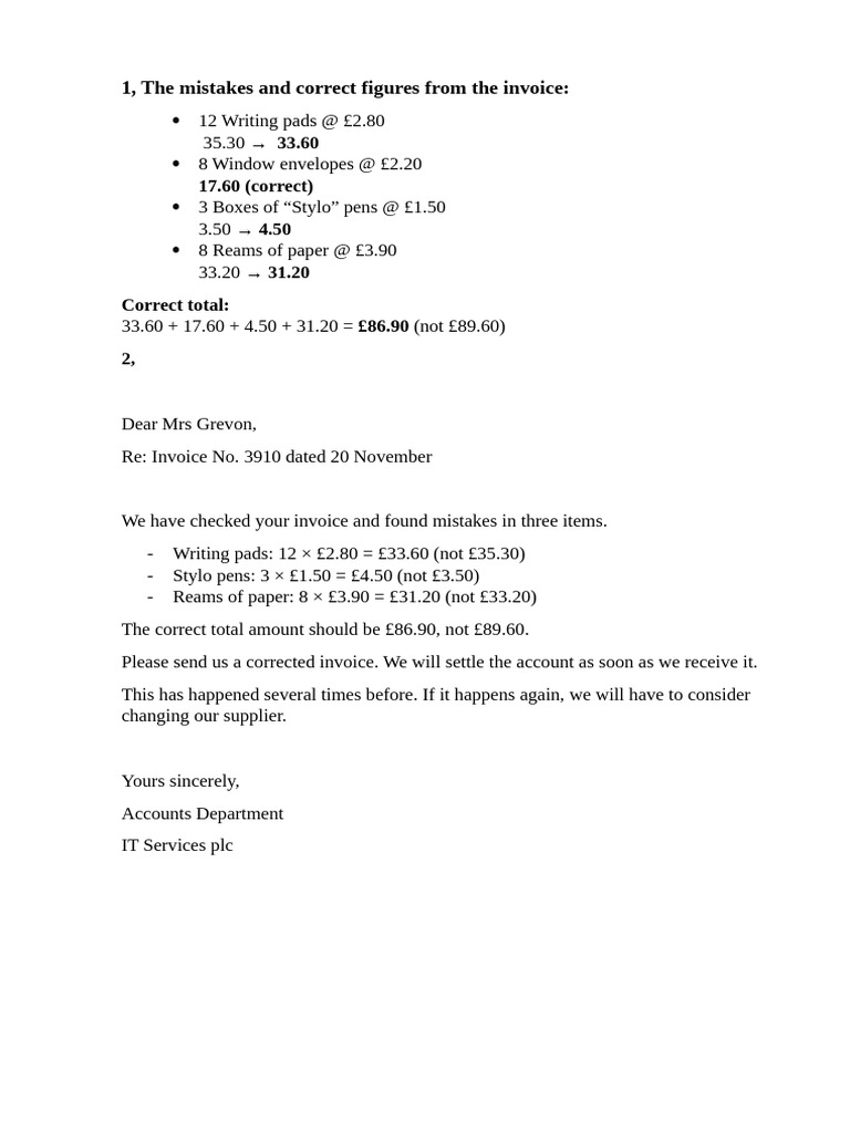 Invoice Correction Request for Errors | PDF
