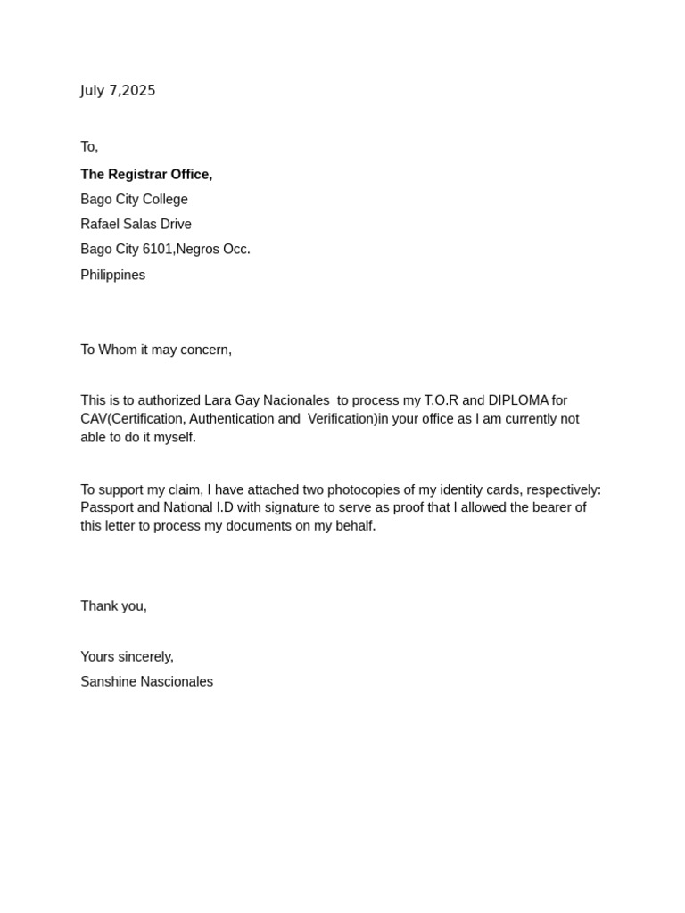 Authorization Letter for Document Processing | PDF