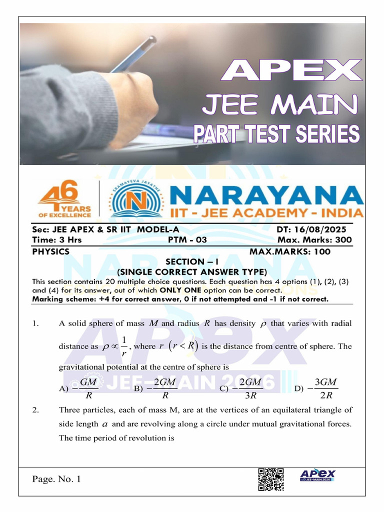 16 08 2025 - SR Iit - Jee Apex - Jee Main Model - ptm-03 - QP Final | PDF
