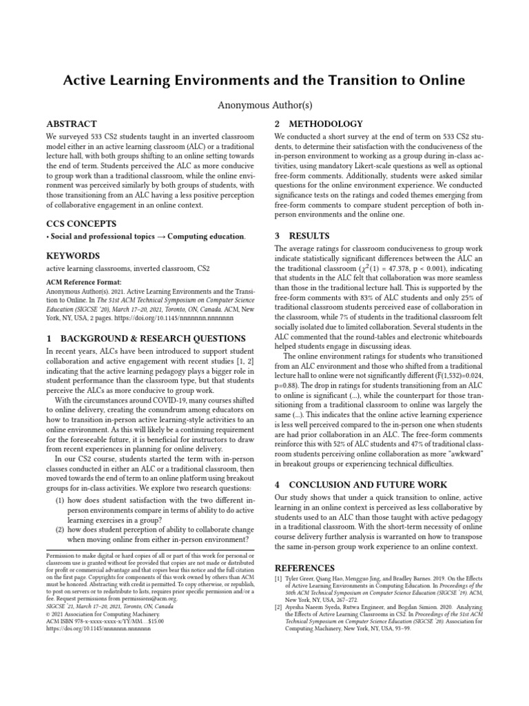 Active Learning Classrooms vs. Online Transition | PDF | Psychology ...