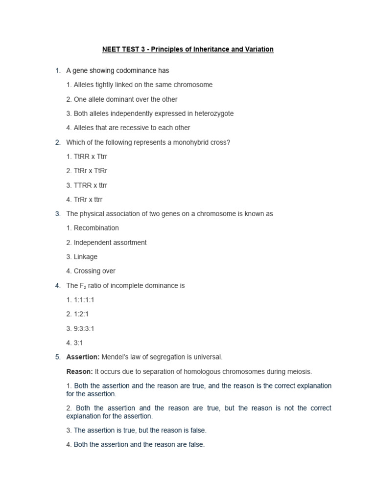 NEET 2023: Inheritance Principles Quiz | PDF | Dominance (Genetics ...